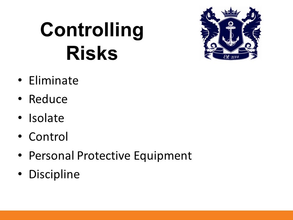 Controlling Risks Eliminate Reduce Isolate Control Personal Protective Equipment Discipline