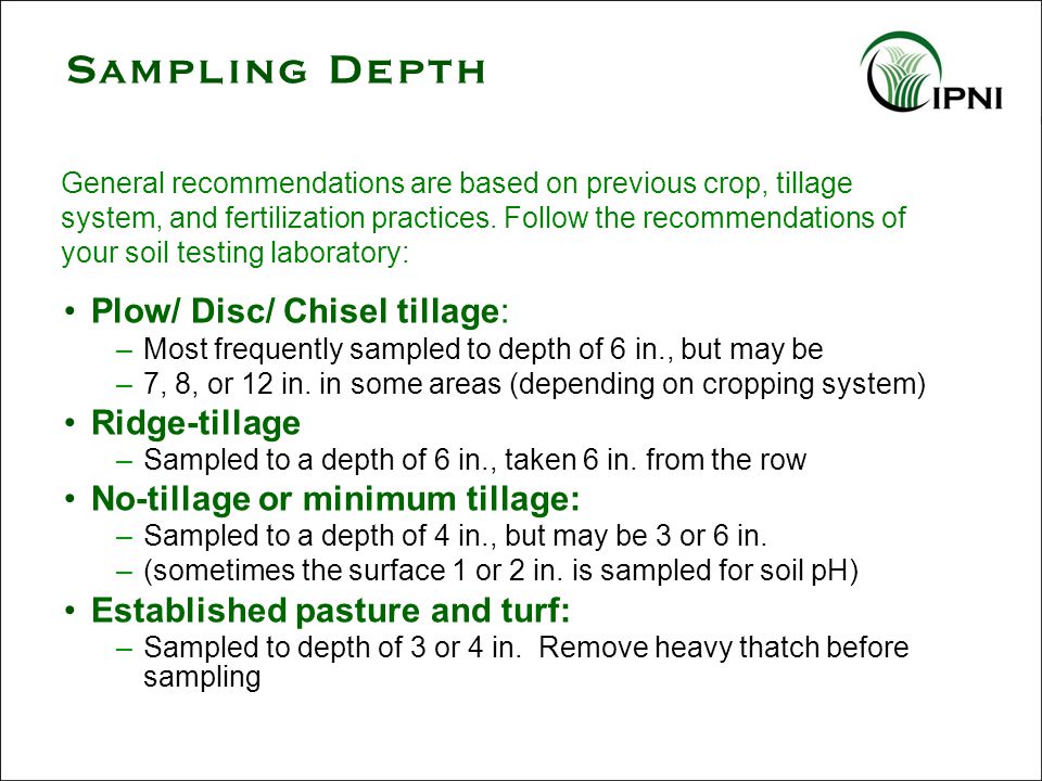 Sampling Depth Plow/ Disc/ Chisel tillage: –Most frequently sampled to depth of 6 in., but may be –7, 8, or 12 in.