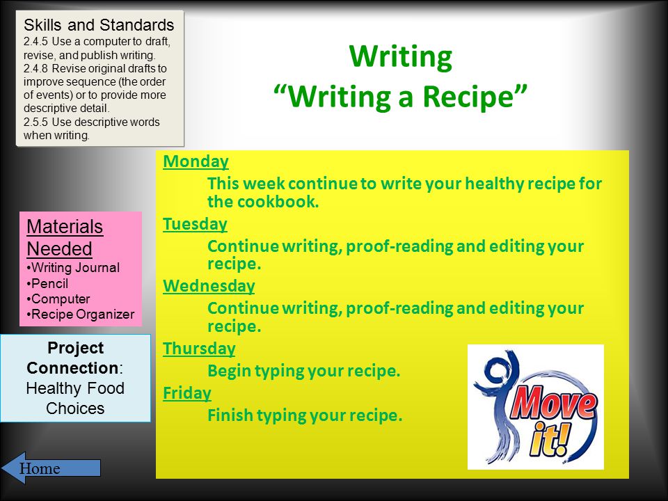 Writing Writing a Recipe Monday This week continue to write your healthy recipe for the cookbook.