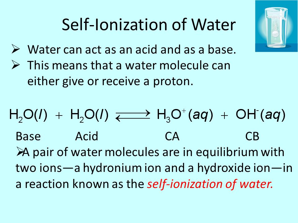 Self-Ionization of Water  Water can act as an acid and as a base.