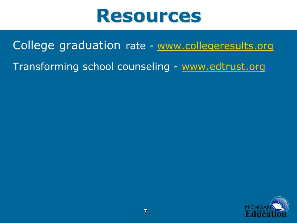 71Resources College graduation rate -   Transforming school counseling -