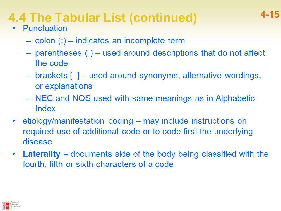 4.4 The Tabular List (continued) 4-15 Punctuation –colon (:) – indicates an incomplete term –parentheses ( ) – used around descriptions that do not affect the code –brackets [ ] – used around synonyms, alternative wordings, or explanations –NEC and NOS used with same meanings as in Alphabetic Index etiology/manifestation coding – may include instructions on required use of additional code or to code first the underlying disease Laterality – documents side of the body being classified with the fourth, fifth or sixth characters of a code