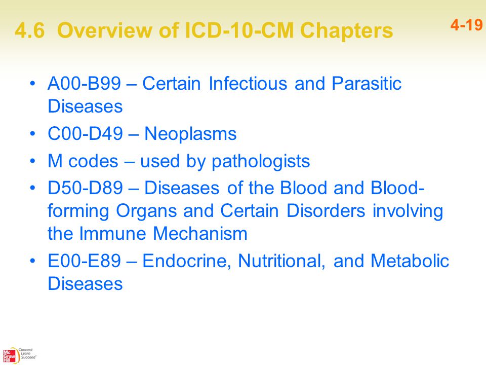 4.6 Overview of ICD-10-CM Chapters 4-19 A00-B99 – Certain Infectious and Parasitic Diseases C00-D49 – Neoplasms M codes – used by pathologists D50-D89 – Diseases of the Blood and Blood- forming Organs and Certain Disorders involving the Immune Mechanism E00-E89 – Endocrine, Nutritional, and Metabolic Diseases