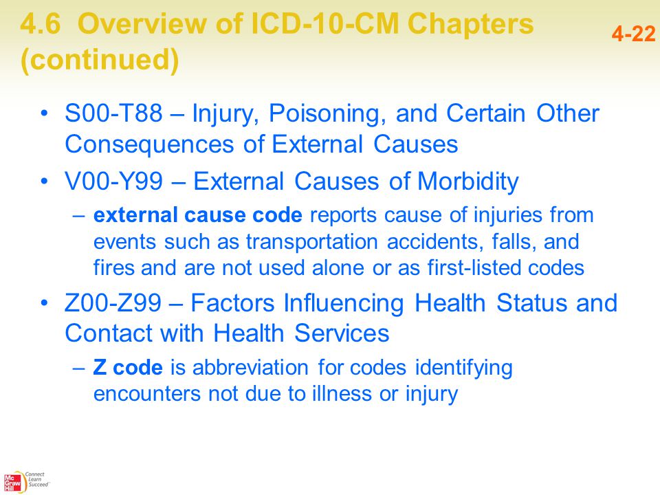 4.6 Overview of ICD-10-CM Chapters (continued) 4-22 S00-T88 – Injury, Poisoning, and Certain Other Consequences of External Causes V00-Y99 – External Causes of Morbidity –external cause code reports cause of injuries from events such as transportation accidents, falls, and fires and are not used alone or as first-listed codes Z00-Z99 – Factors Influencing Health Status and Contact with Health Services –Z code is abbreviation for codes identifying encounters not due to illness or injury