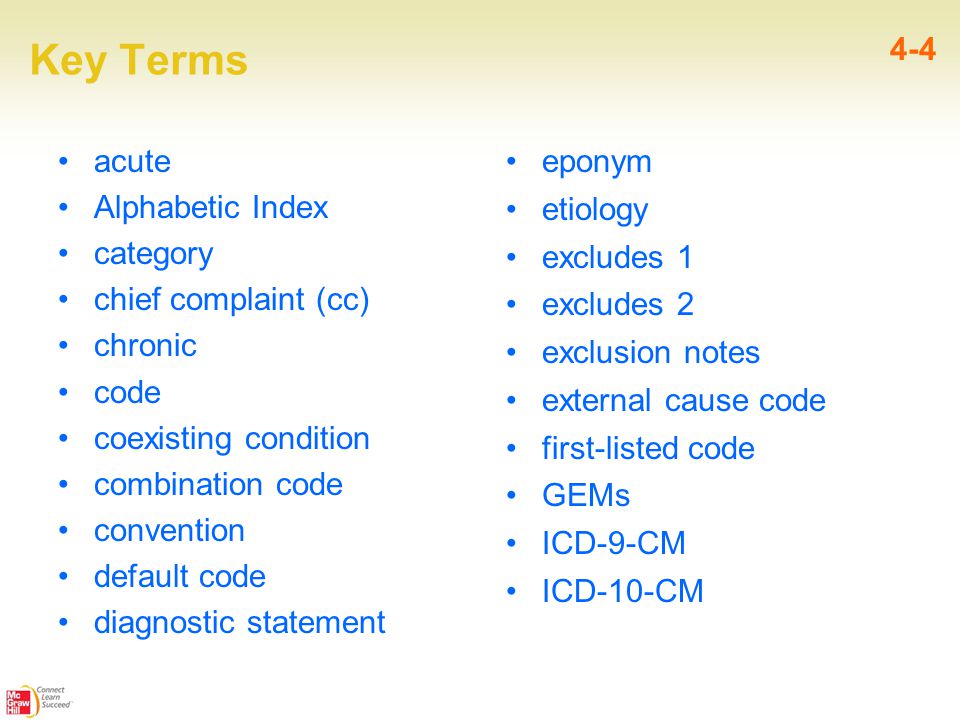 Key Terms acute Alphabetic Index category chief complaint (cc) chronic code coexisting condition combination code convention default code diagnostic statement 4-4 eponym etiology excludes 1 excludes 2 exclusion notes external cause code first-listed code GEMs ICD-9-CM ICD-10-CM