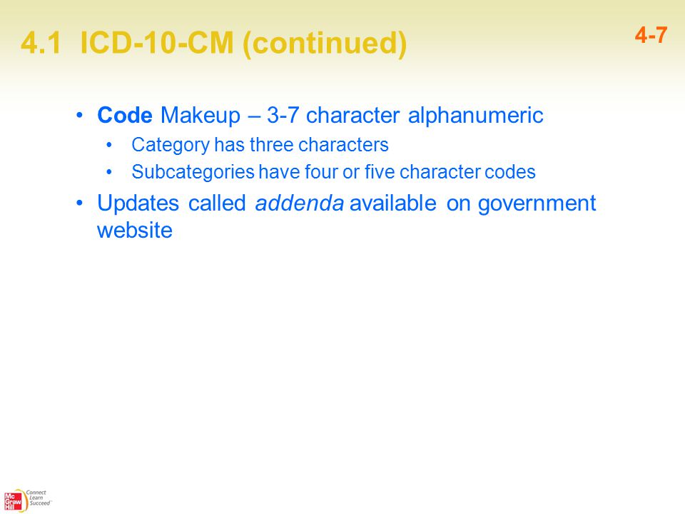 4.1 ICD-10-CM (continued) 4-7 Code Makeup – 3-7 character alphanumeric Category has three characters Subcategories have four or five character codes Updates called addenda available on government website