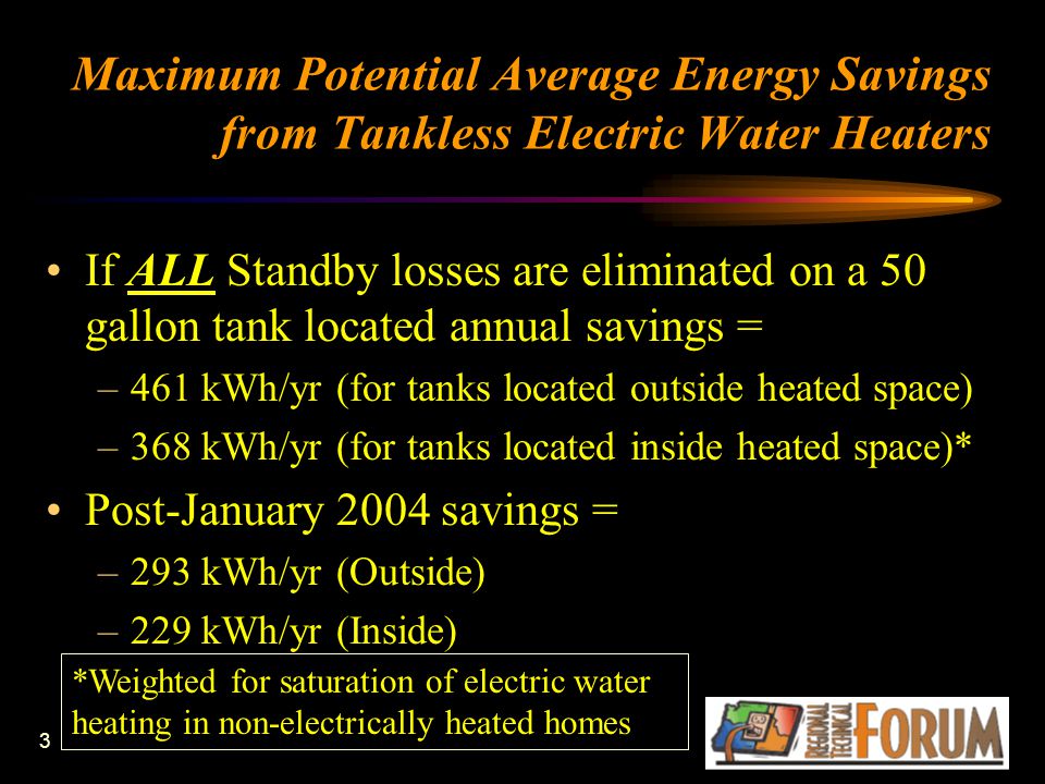3 Maximum Potential Average Energy Savings from Tankless Electric Water Heaters If ALL Standby losses are eliminated on a 50 gallon tank located annual savings = –461 kWh/yr (for tanks located outside heated space) –368 kWh/yr (for tanks located inside heated space)* Post-January 2004 savings = –293 kWh/yr (Outside) –229 kWh/yr (Inside) *Weighted for saturation of electric water heating in non-electrically heated homes