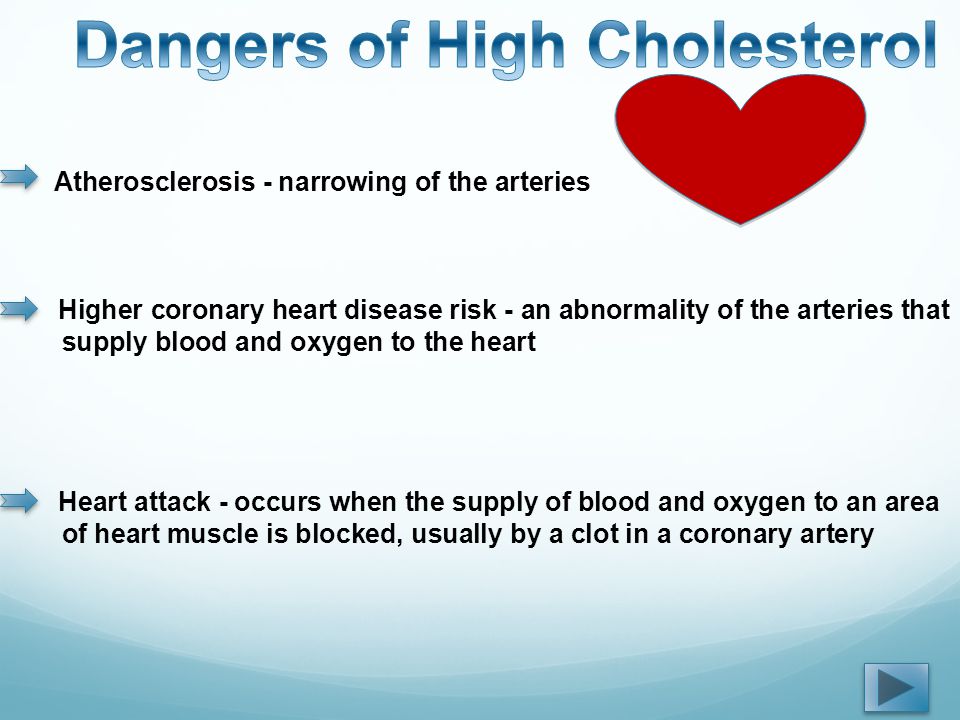 Atherosclerosis - narrowing of the arteries Higher coronary heart disease risk - an abnormality of the arteries that supply blood and oxygen to the heart Heart attack - occurs when the supply of blood and oxygen to an area of heart muscle is blocked, usually by a clot in a coronary artery