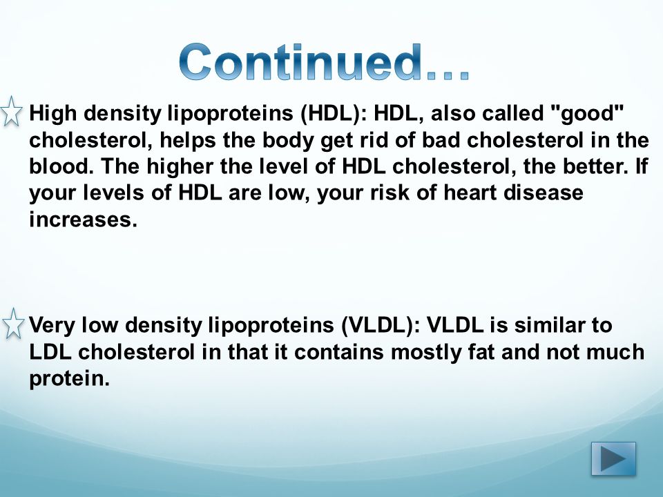 High density lipoproteins (HDL): HDL, also called good cholesterol, helps the body get rid of bad cholesterol in the blood.