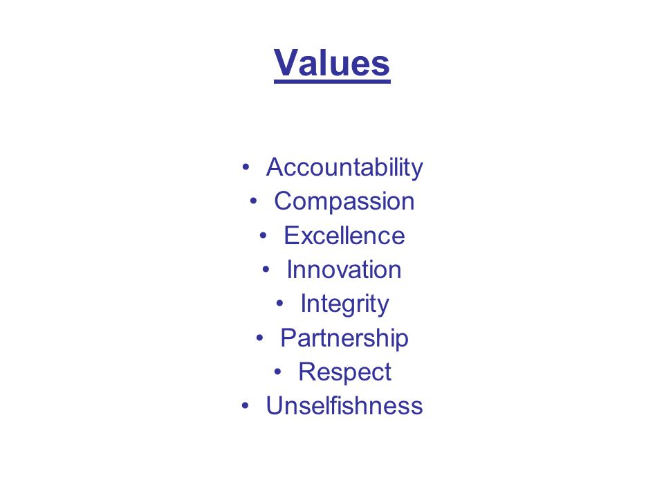 Values Accountability Compassion Excellence Innovation Integrity Partnership Respect Unselfishness
