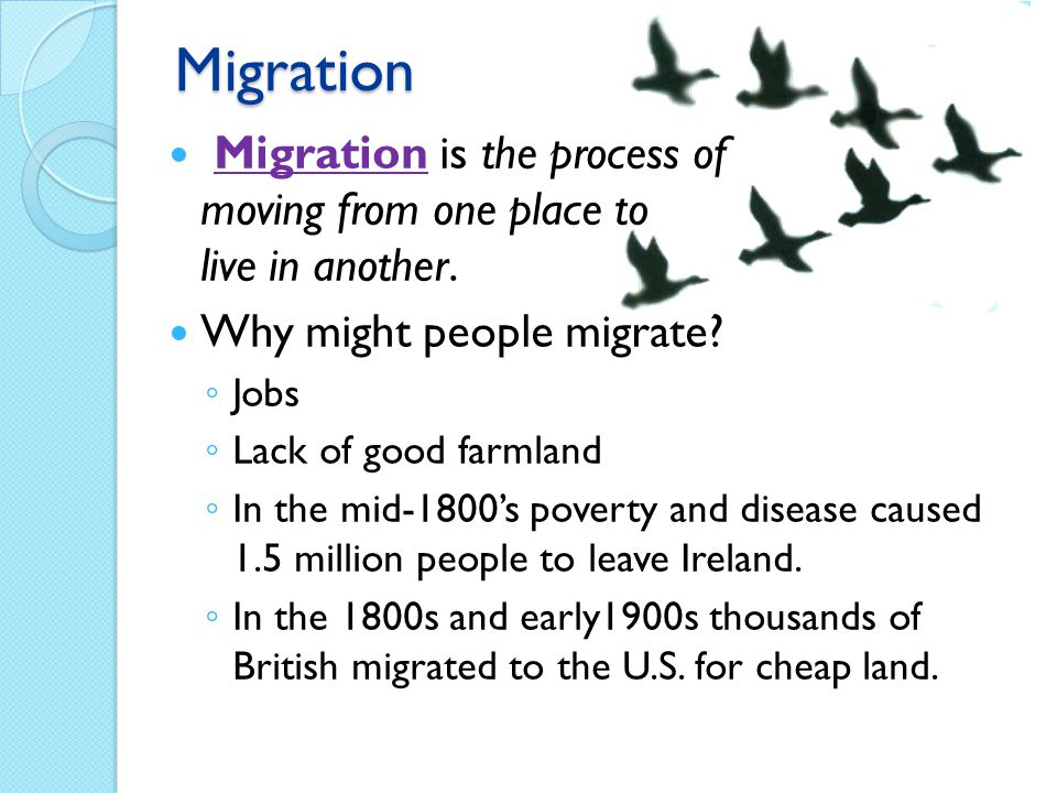 Migration Migration is the process of moving from one place to live in another.