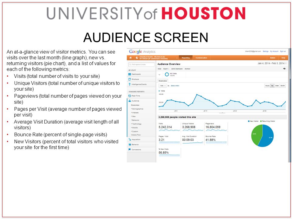 AUDIENCE SCREEN An at-a-glance view of visitor metrics.