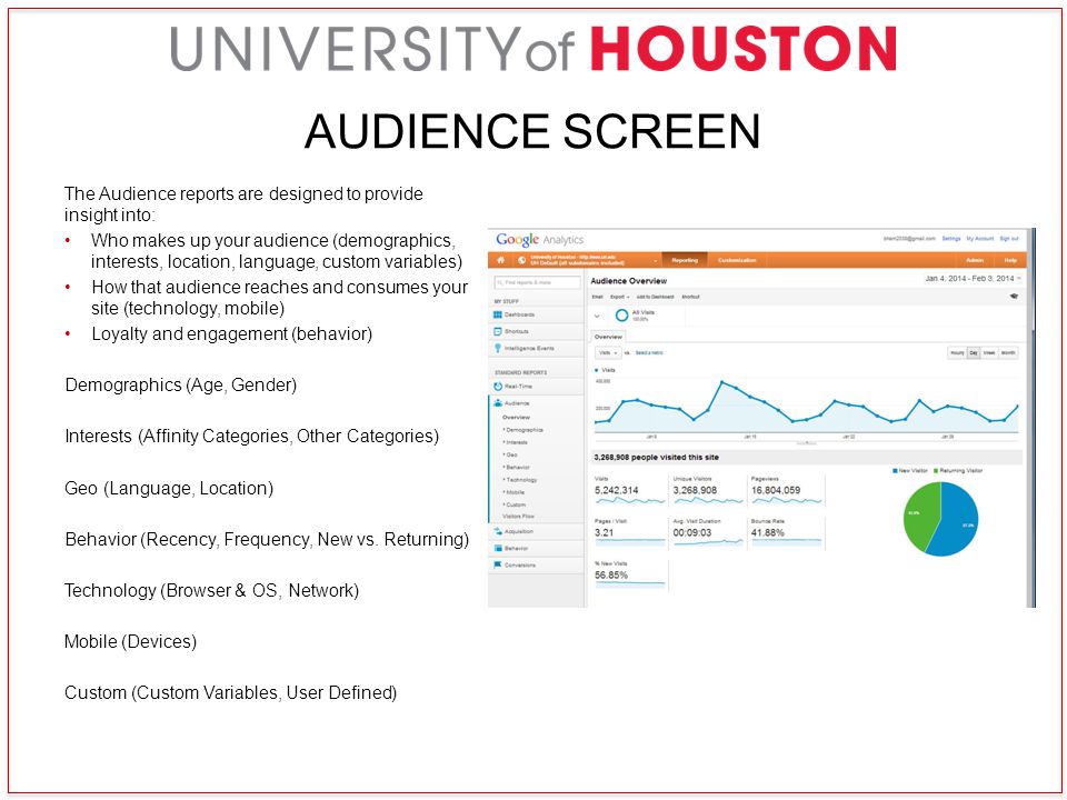 AUDIENCE SCREEN The Audience reports are designed to provide insight into: Who makes up your audience (demographics, interests, location, language, custom variables) How that audience reaches and consumes your site (technology, mobile) Loyalty and engagement (behavior) Demographics (Age, Gender) Interests (Affinity Categories, Other Categories) Geo (Language, Location) Behavior (Recency, Frequency, New vs.