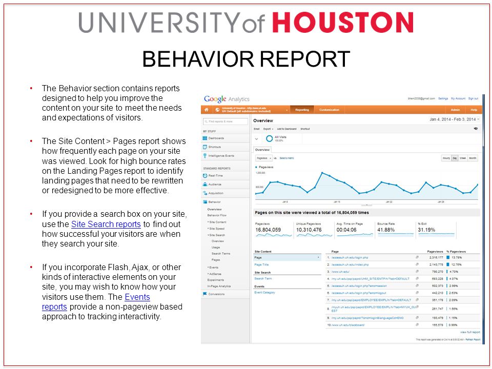 BEHAVIOR REPORT The Behavior section contains reports designed to help you improve the content on your site to meet the needs and expectations of visitors.