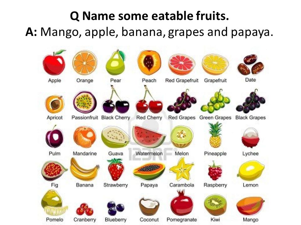 Q Name some eatable fruits. A: Mango, apple, banana, grapes and papaya.