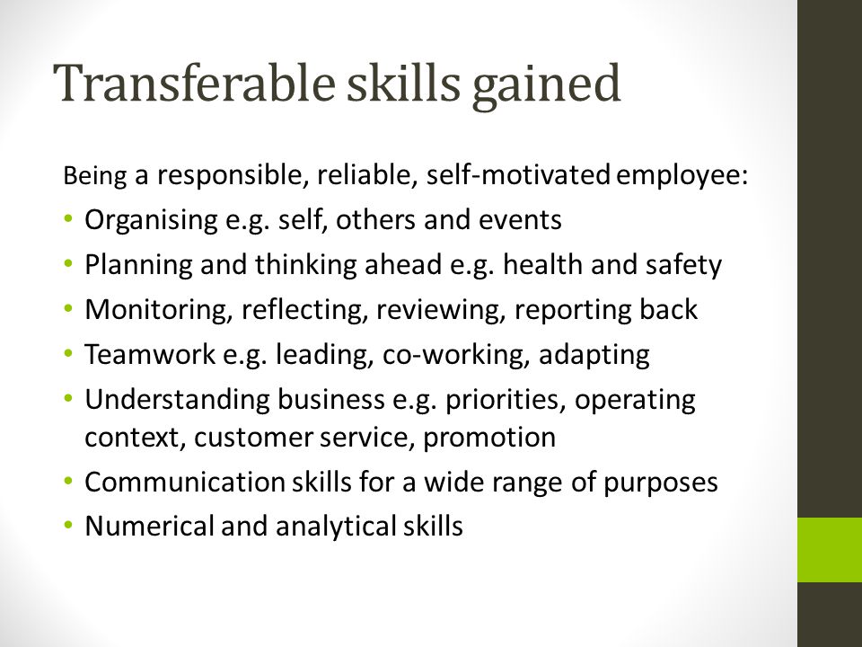 Transferable skills gained Being a responsible, reliable, self-motivated employee: Organising e.g.