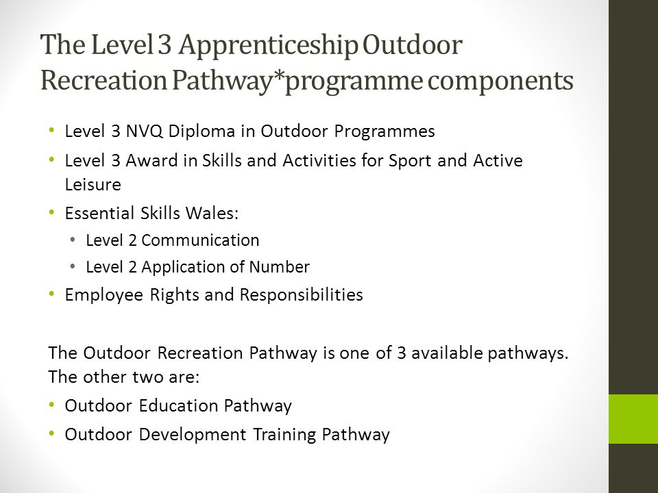 The Level 3 Apprenticeship Outdoor Recreation Pathway*programme components Level 3 NVQ Diploma in Outdoor Programmes Level 3 Award in Skills and Activities for Sport and Active Leisure Essential Skills Wales: Level 2 Communication Level 2 Application of Number Employee Rights and Responsibilities The Outdoor Recreation Pathway is one of 3 available pathways.