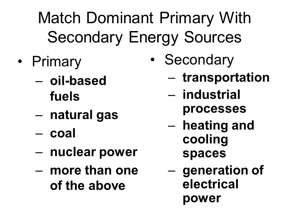 Match Dominant Primary With Secondary Energy Sources Primary –oil-based fuels –natural gas –coal –nuclear power –more than one of the above Secondary –transportation –industrial processes –heating and cooling spaces –generation of electrical power