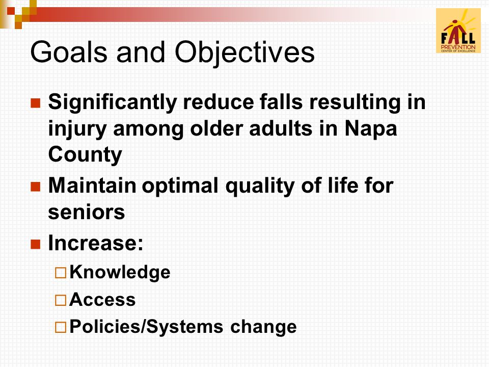 Goals and Objectives Significantly reduce falls resulting in injury among older adults in Napa County Maintain optimal quality of life for seniors Increase:  Knowledge  Access  Policies/Systems change
