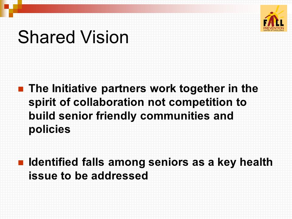 Shared Vision The Initiative partners work together in the spirit of collaboration not competition to build senior friendly communities and policies Identified falls among seniors as a key health issue to be addressed