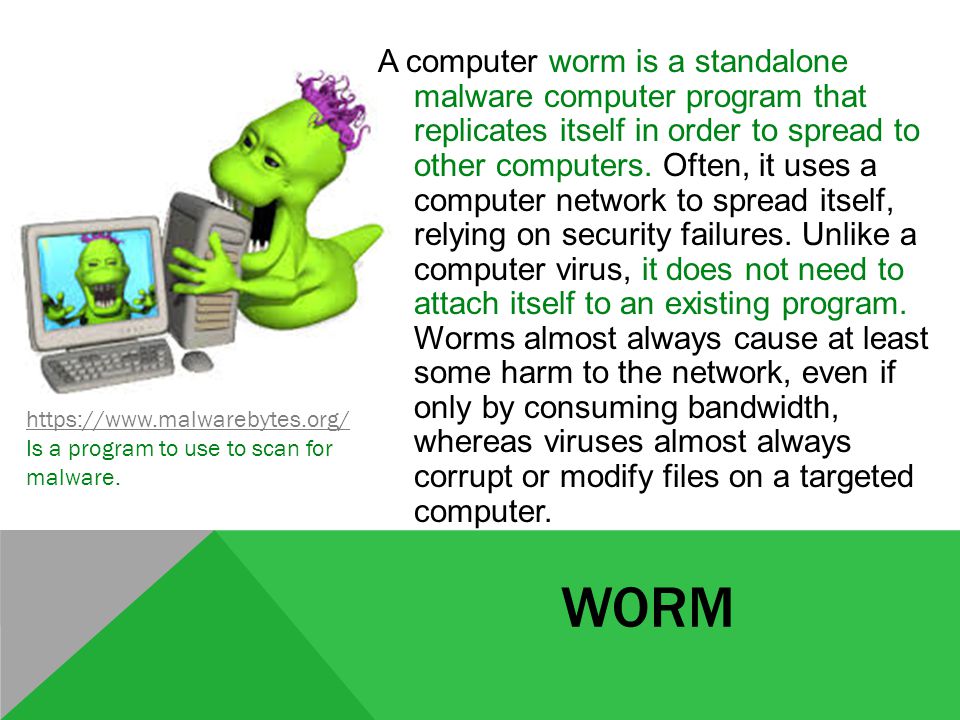 WORM A computer worm is a standalone malware computer program that replicates itself in order to spread to other computers.