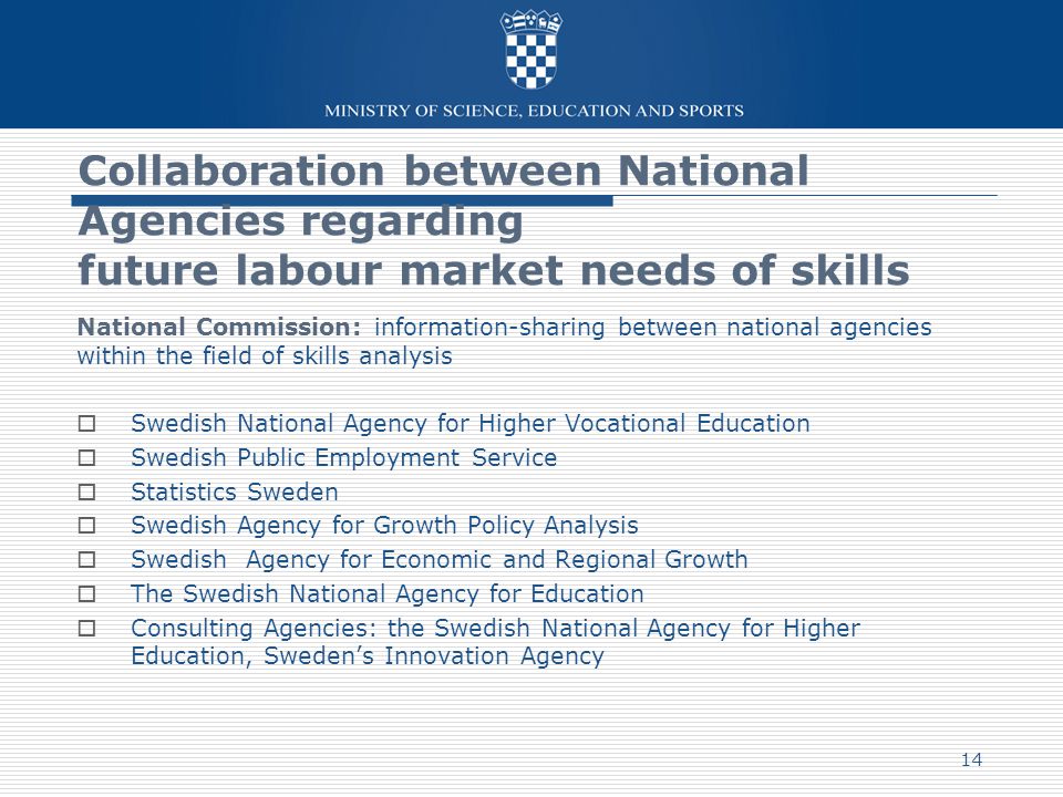 Collaboration between National Agencies regarding future labour market needs of skills National Commission: information-sharing between national agencies within the field of skills analysis  Swedish National Agency for Higher Vocational Education  Swedish Public Employment Service  Statistics Sweden  Swedish Agency for Growth Policy Analysis  Swedish Agency for Economic and Regional Growth  The Swedish National Agency for Education  Consulting Agencies: the Swedish National Agency for Higher Education, Sweden’s Innovation Agency 14