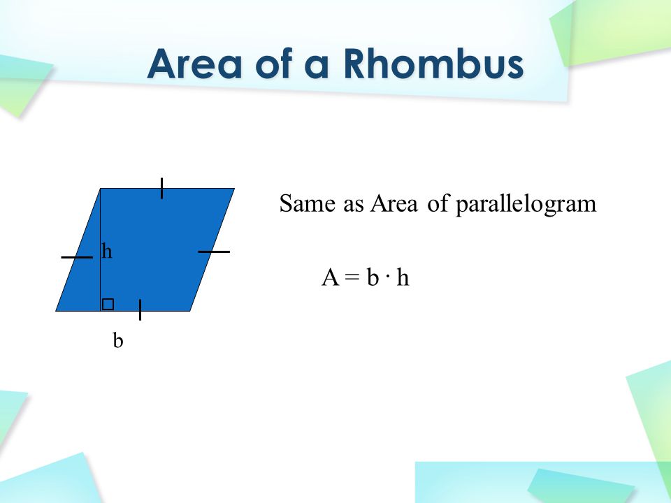 Same as Area of parallelogram A = b. h b h
