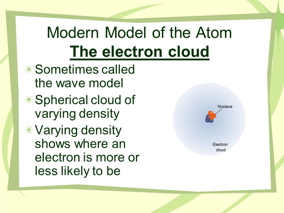 Modern Model of the Atom The electron cloud Sometimes called the wave model Spherical cloud of varying density Varying density shows where an electron is more or less likely to be