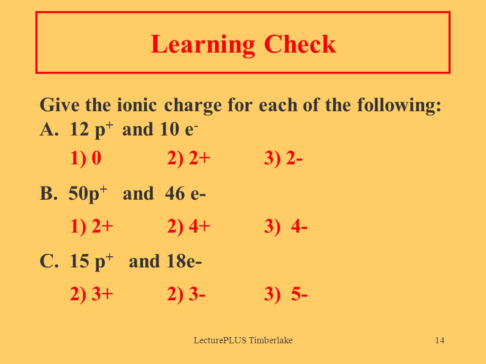 LecturePLUS Timberlake14 Learning Check Give the ionic charge for each of the following: A.