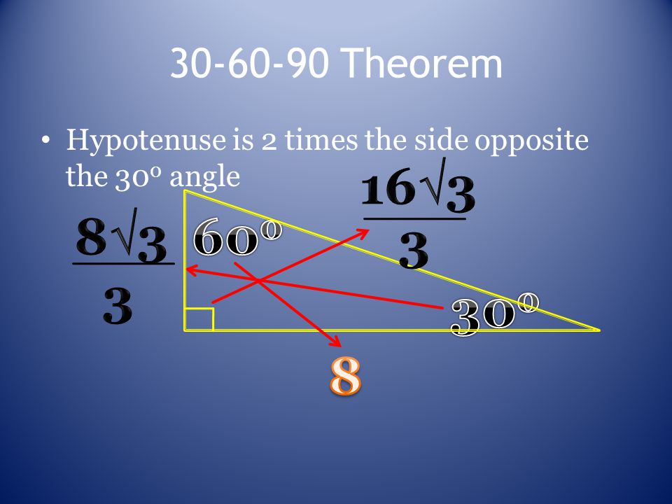Theorem Hypotenuse is 2 times the side opposite the 30 0 angle
