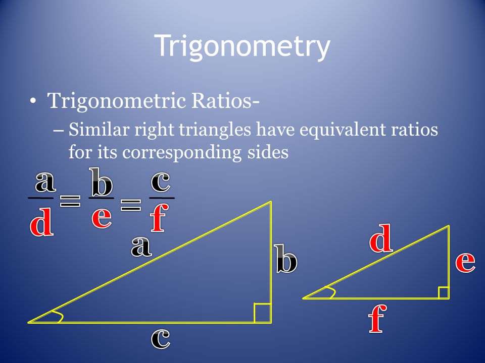 Trigonometry Trigonometric Ratios- – Similar right triangles have equivalent ratios for its corresponding sides