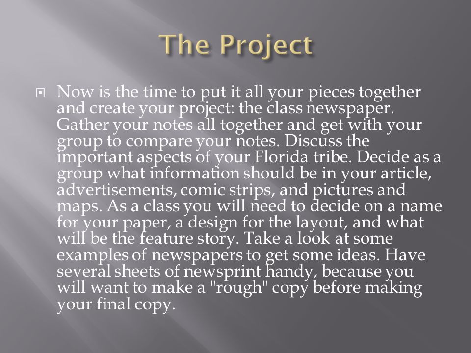  Now is the time to put it all your pieces together and create your project: the class newspaper.