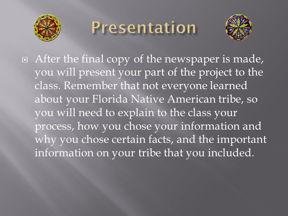  After the final copy of the newspaper is made, you will present your part of the project to the class.