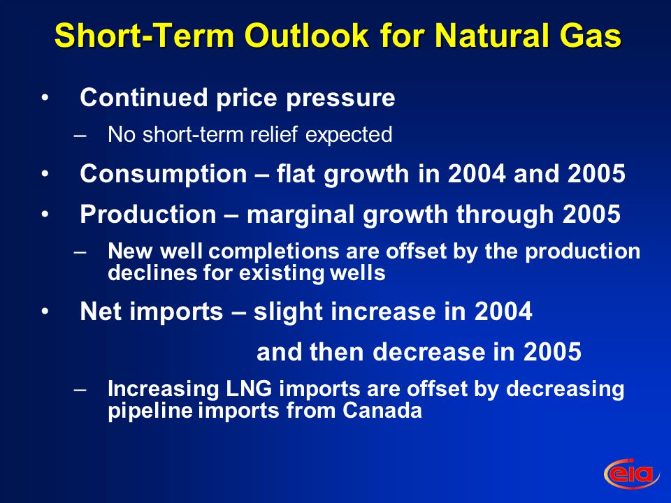 Short-Term Outlook for Natural Gas Continued price pressure –No short-term relief expected Consumption – flat growth in 2004 and 2005 Production – marginal growth through 2005 –New well completions are offset by the production declines for existing wells Net imports – slight increase in 2004 and then decrease in 2005 –Increasing LNG imports are offset by decreasing pipeline imports from Canada