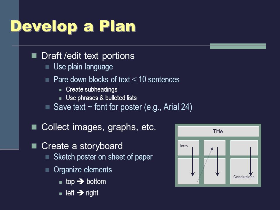 3’ x 5’ Develop a Plan Draft /edit text portions Use plain language Pare down blocks of text  10 sentences Create subheadings Use phrases & bulleted lists Save text ~ font for poster (e.g., Arial 24) Collect images, graphs, etc.
