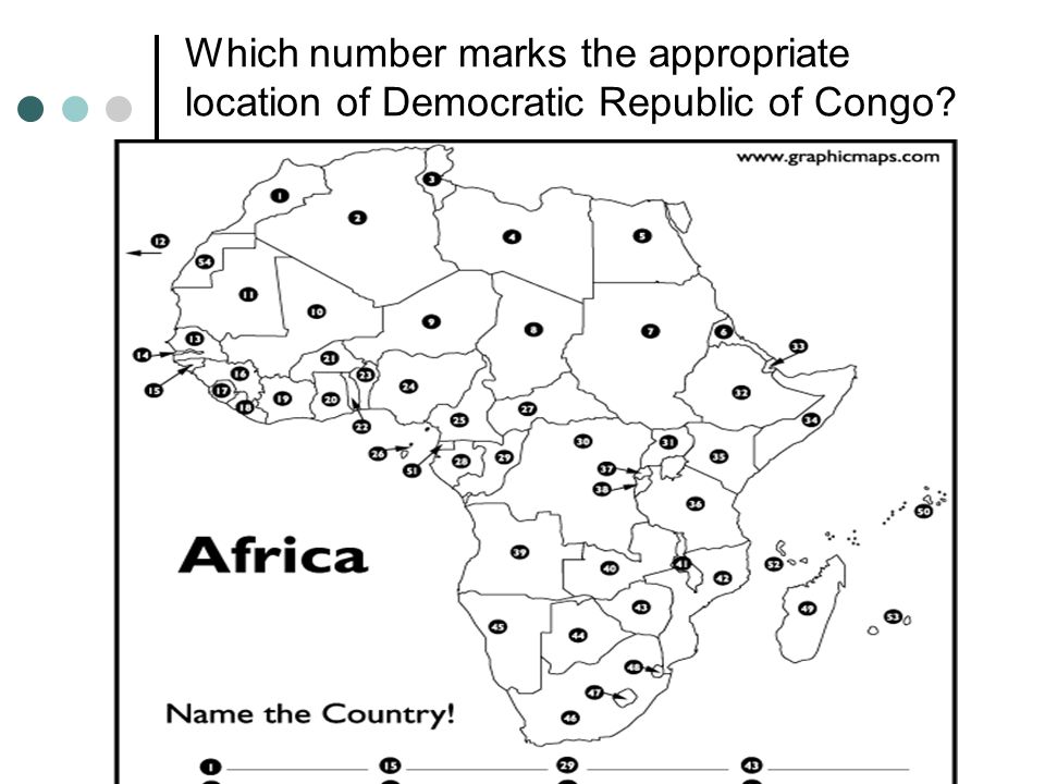Which number marks the appropriate location of Democratic Republic of Congo