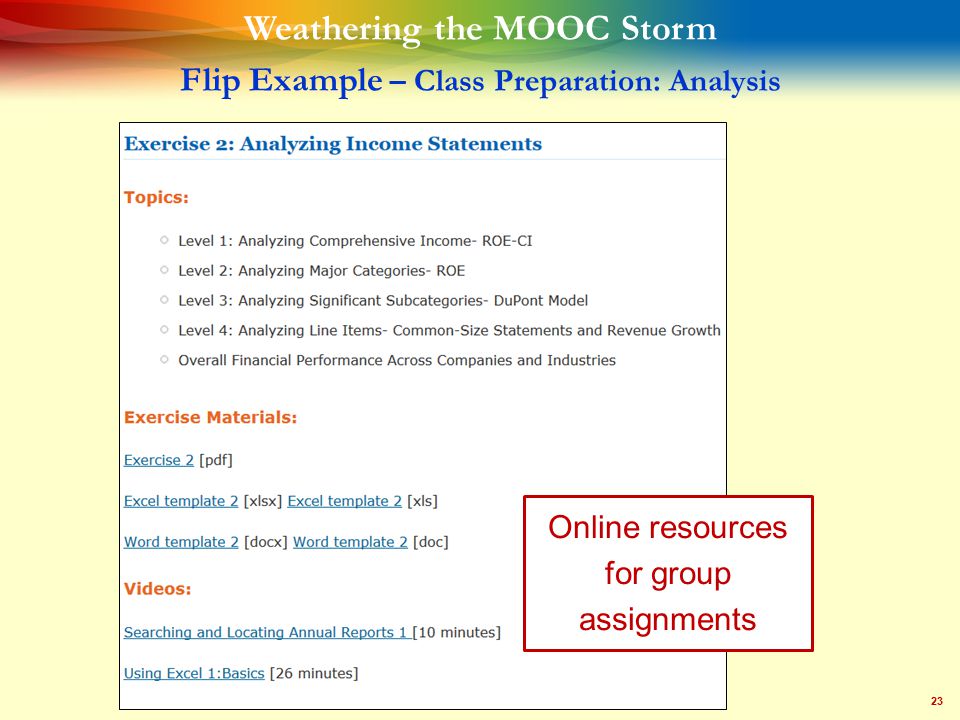 23 Weathering the MOOC Storm Flip Example – Class Preparation: Analysis Online resources for group assignments