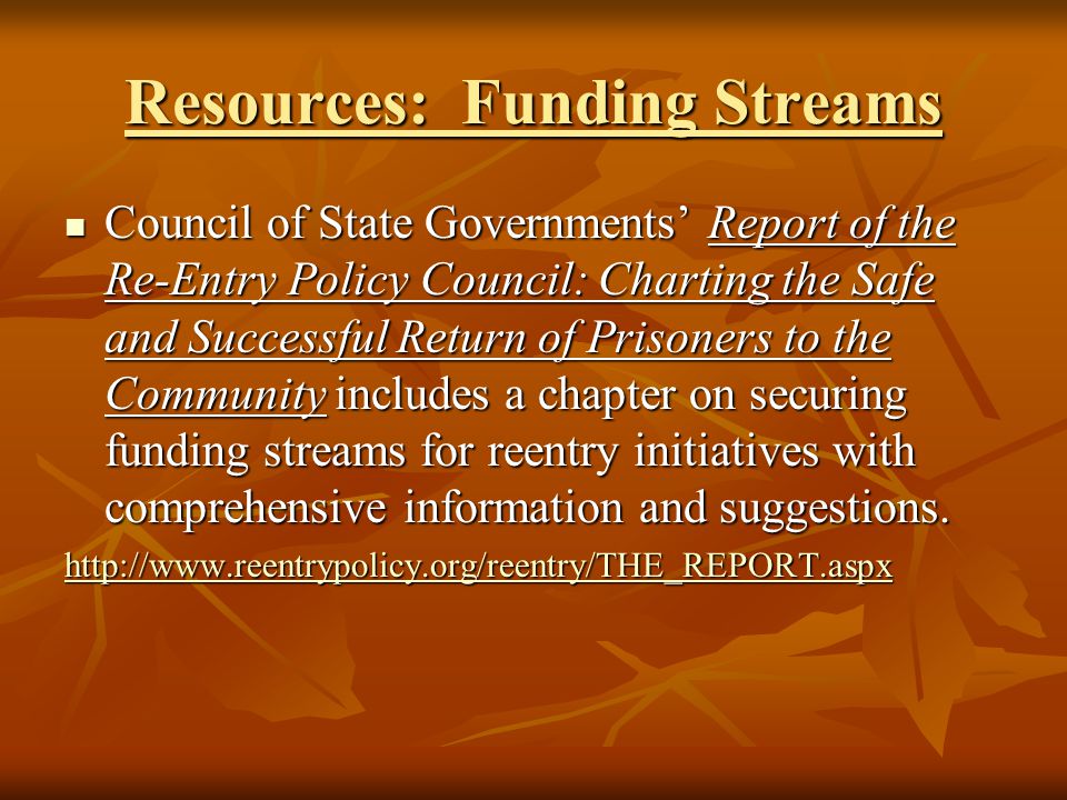 Resources: Funding Streams Council of State Governments’ Report of the Re-Entry Policy Council: Charting the Safe and Successful Return of Prisoners to the Community includes a chapter on securing funding streams for reentry initiatives with comprehensive information and suggestions.