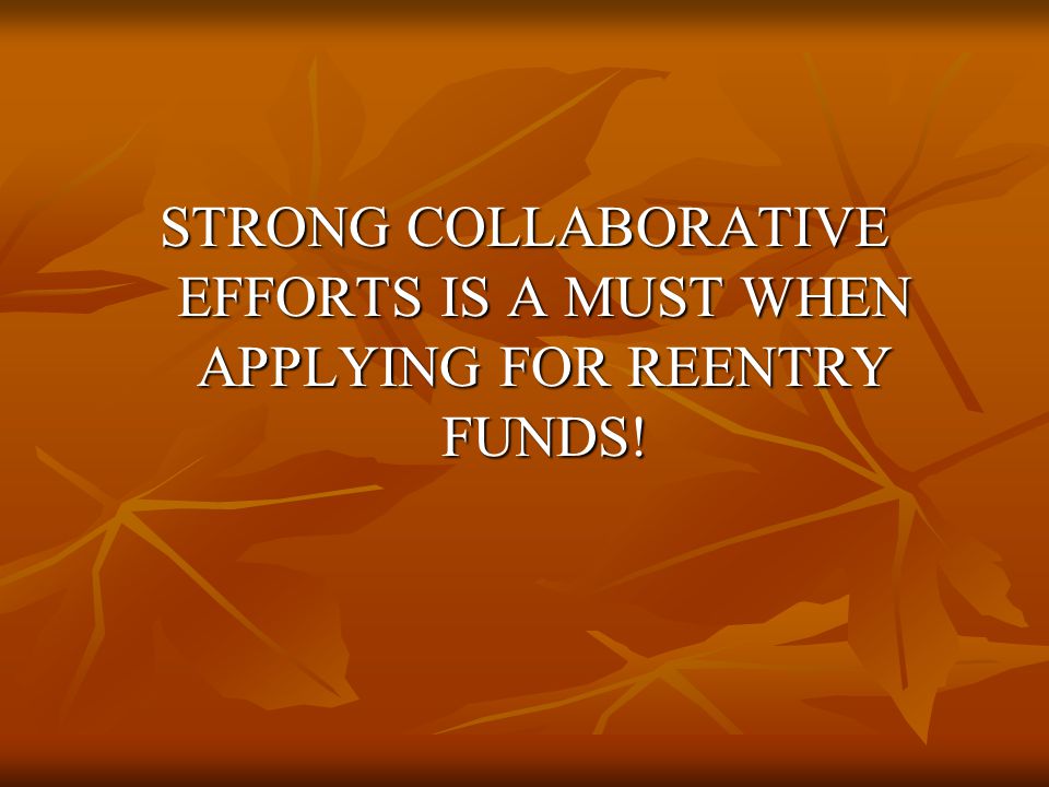 STRONG COLLABORATIVE EFFORTS IS A MUST WHEN APPLYING FOR REENTRY FUNDS!