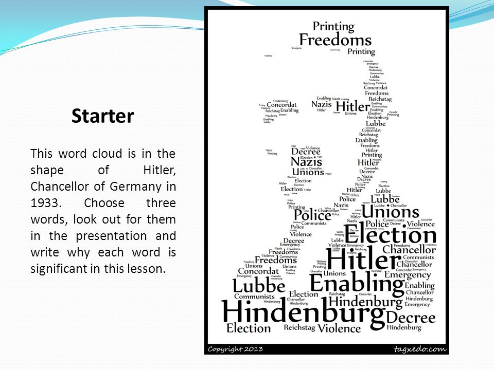 Starter This word cloud is in the shape of Hitler, Chancellor of Germany in 1933.