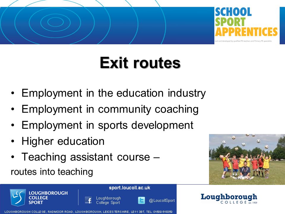 Exit routes Employment in the education industry Employment in community coaching Employment in sports development Higher education Teaching assistant course – routes into teaching