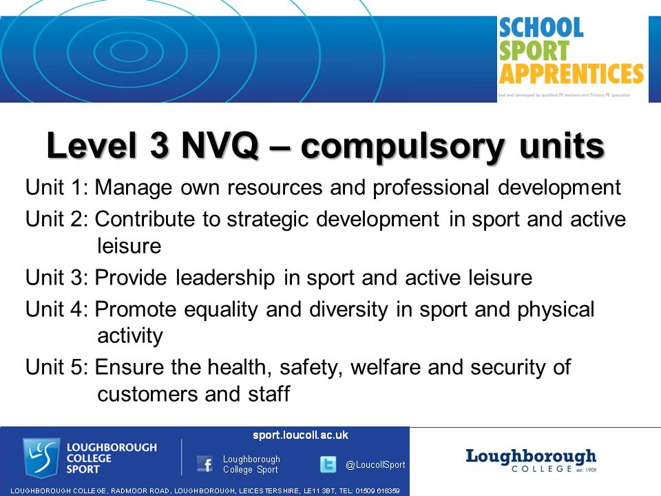 Level 3 NVQ – compulsory units Unit 1: Manage own resources and professional development Unit 2: Contribute to strategic development in sport and active leisure Unit 3: Provide leadership in sport and active leisure Unit 4: Promote equality and diversity in sport and physical activity Unit 5: Ensure the health, safety, welfare and security of customers and staff