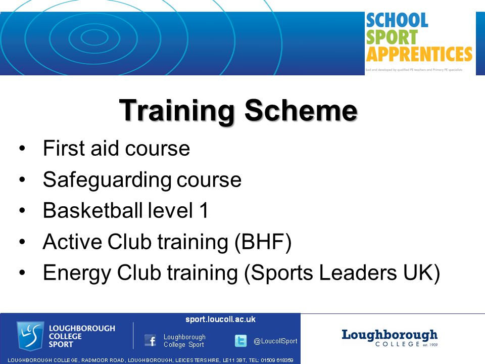 Training Scheme First aid course Safeguarding course Basketball level 1 Active Club training (BHF) Energy Club training (Sports Leaders UK)