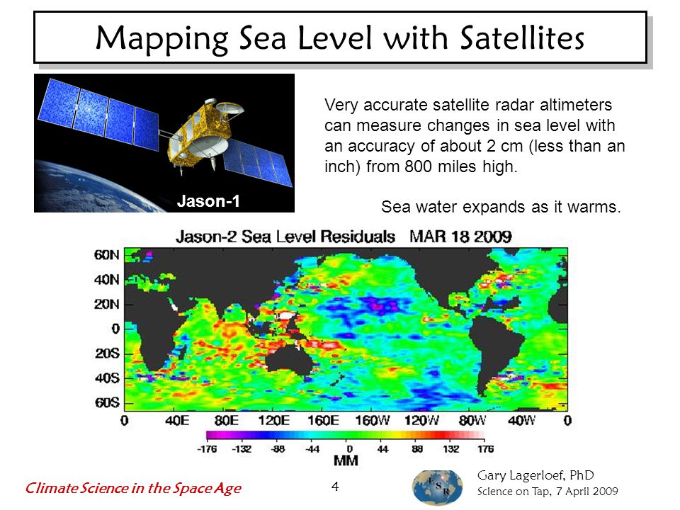 Gary Lagerloef, PhD Science on Tap, 7 April 2009 Climate Science in the Space Age 4 Mapping Sea Level with Satellites Sea water expands as it warms.