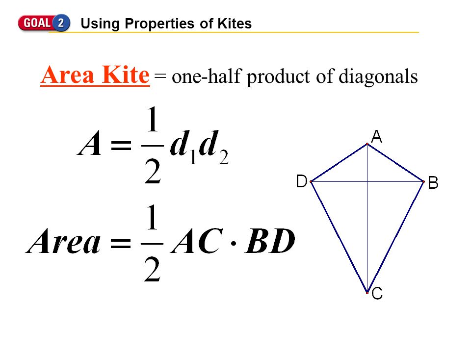 Using Properties of Kites Area Kite = one-half product of diagonals