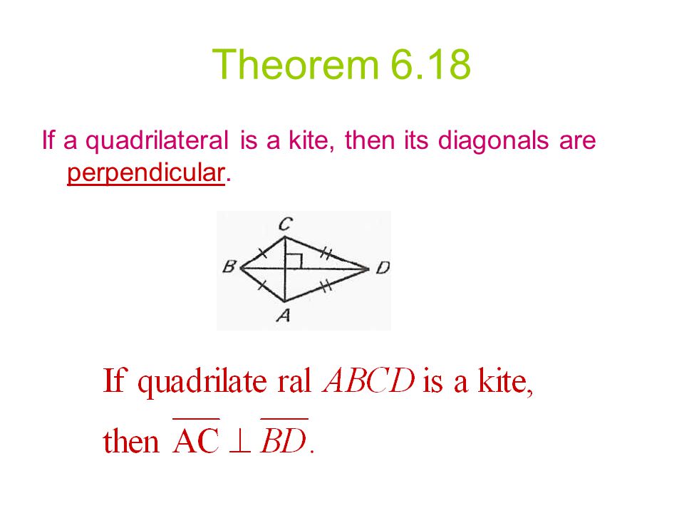 Theorem 6.18 If a quadrilateral is a kite, then its diagonals are perpendicular.