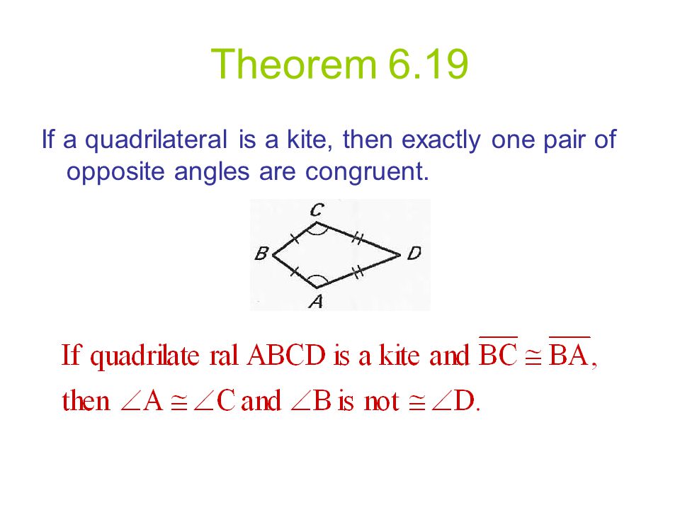 Theorem 6.19 If a quadrilateral is a kite, then exactly one pair of opposite angles are congruent.
