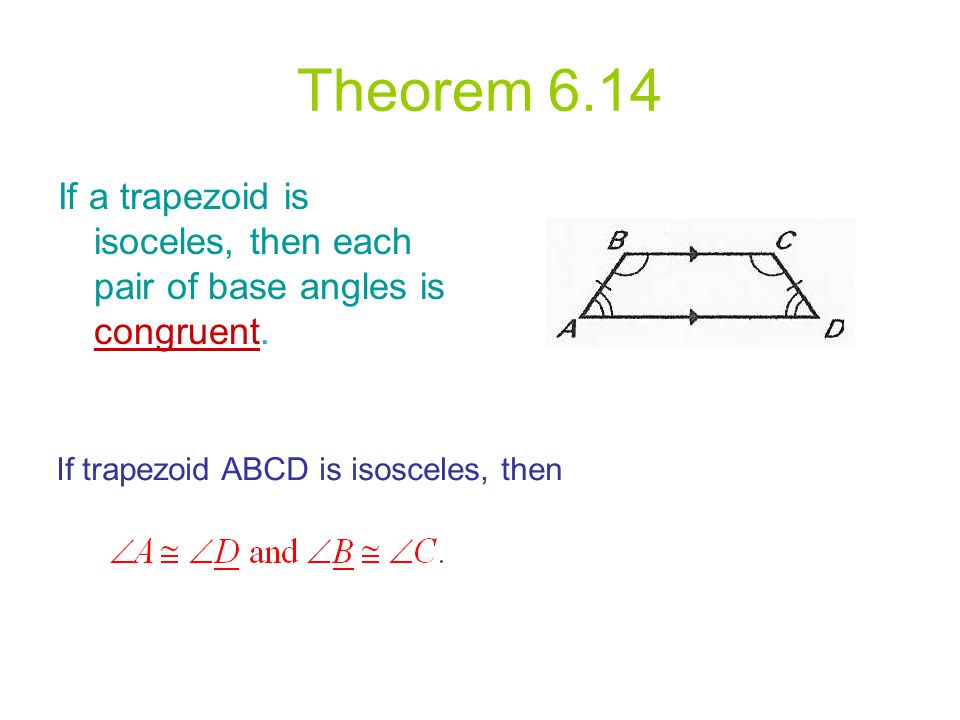 Theorem 6.14 If a trapezoid is isoceles, then each pair of base angles is congruent.