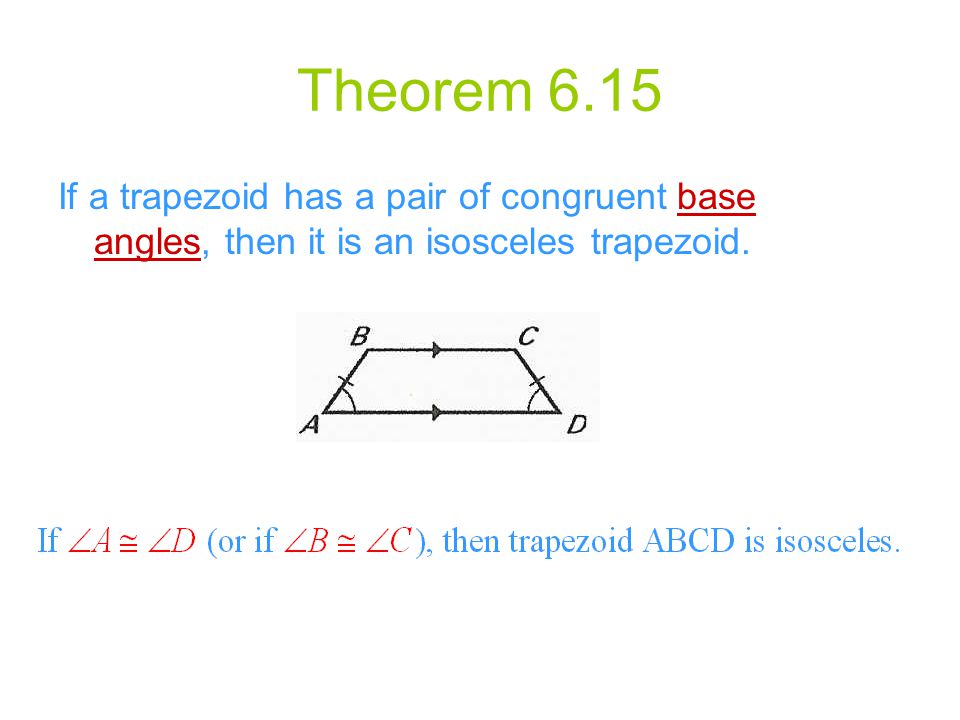 Theorem 6.15 If a trapezoid has a pair of congruent base angles, then it is an isosceles trapezoid.