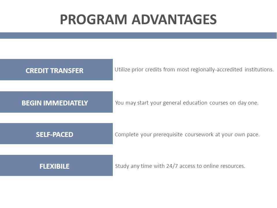 PROGRAM ADVANTAGES Utilize prior credits from most regionally-accredited institutions.